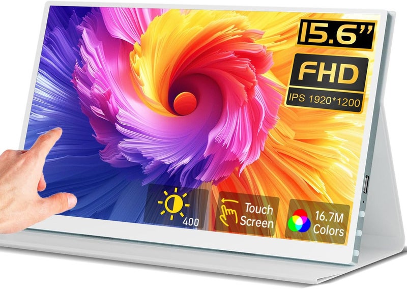 Prechen 15.6'' Touchscreen Portable Monitor, FHD IPS Display with Built-in Speaker & Protective Case, 10-Point Touch Screen, HDMI & USB-C Travel Monitors for Laptop, PC, Phone,Metal Gray + White - Image 1
